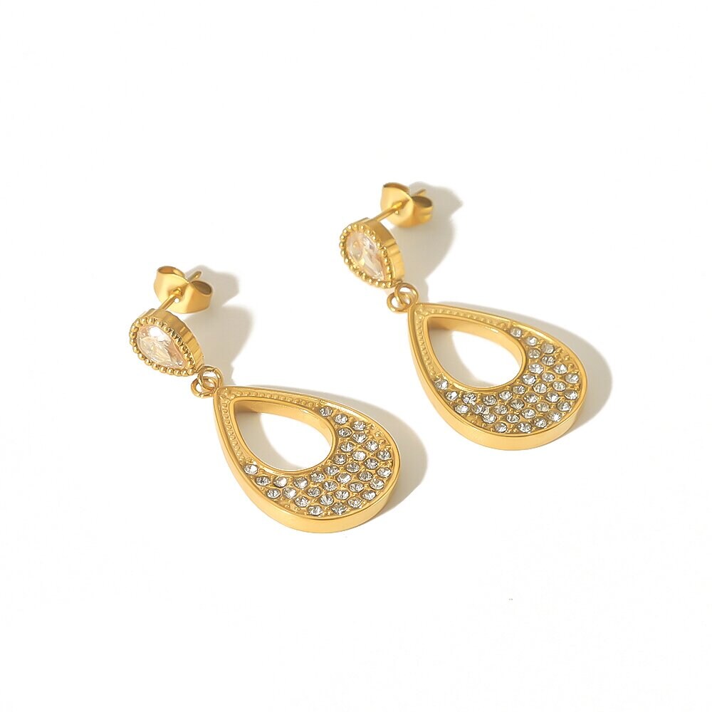 1 Pair  Luxurious Retro Style  Droplet Shape Stainless Steel 18K Gold Plated Inlay Rhinestone Women's Drop Earrings h5 